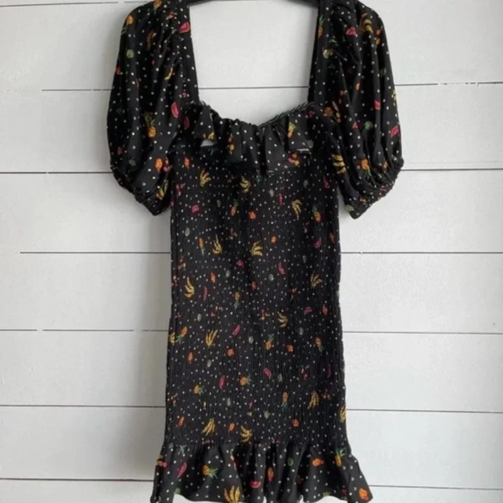 FARM Rio Tiny Fruits Smocked Black Puff Sleeve Mini Tropical Fruit Dress - Picture 5 of 11